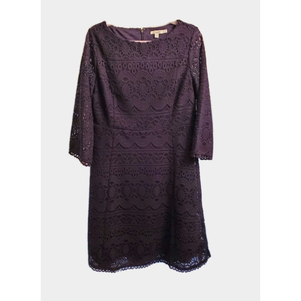 Chicos 3/4 Sleeve Lace Dress Women Size 2 Chicos 00 Navy Blue Lined Back Zipper